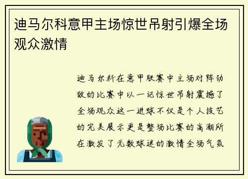 迪马尔科意甲主场惊世吊射引爆全场观众激情